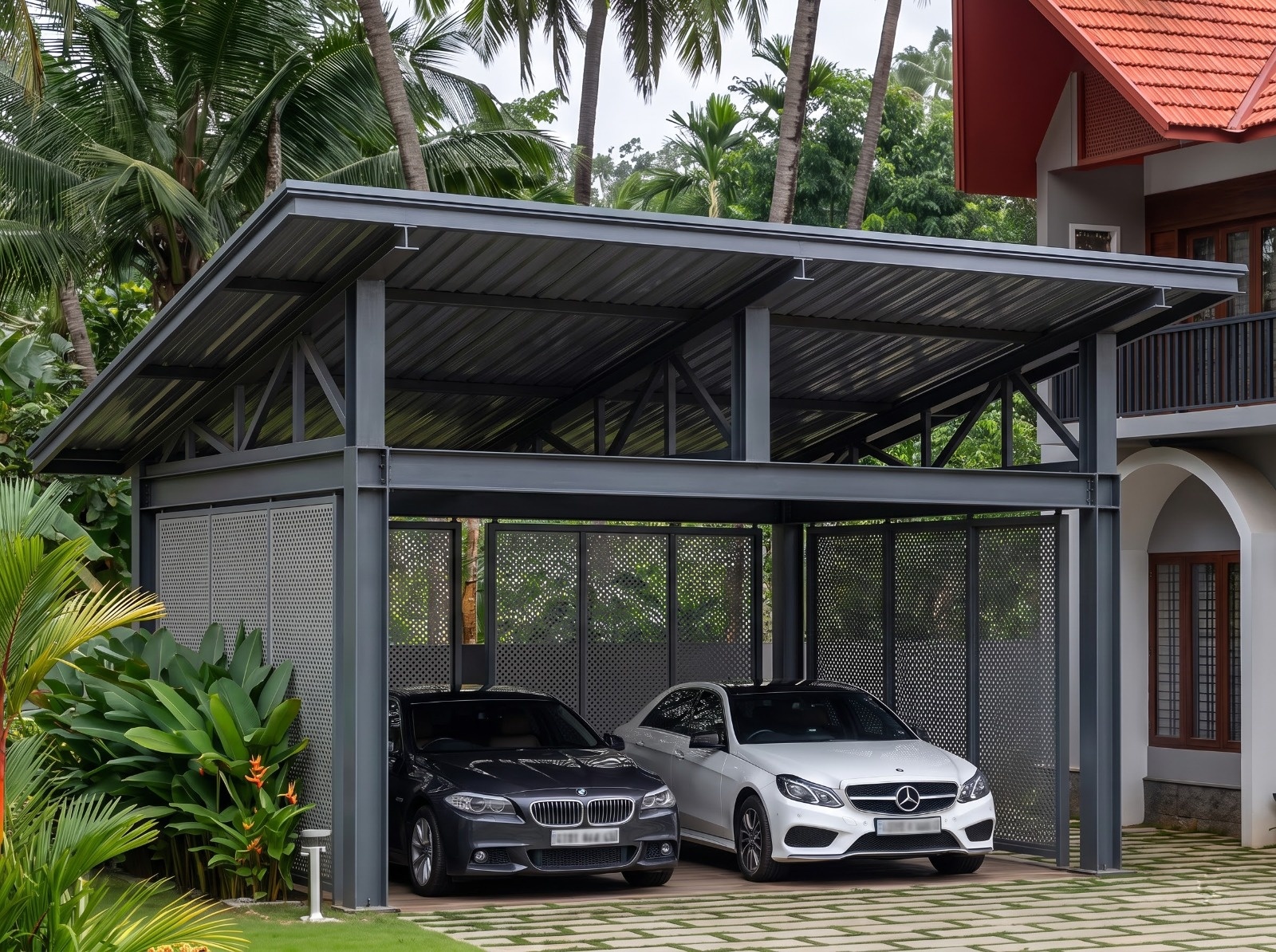 Modern Steel Double Carport with Perforated Privacy Screens