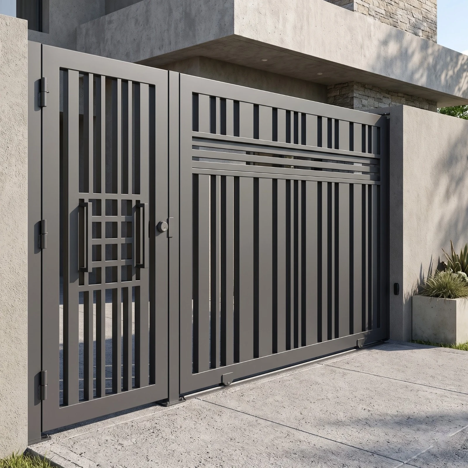 Modern Vertical-Slat Entrance Gate with Pedestrian Access