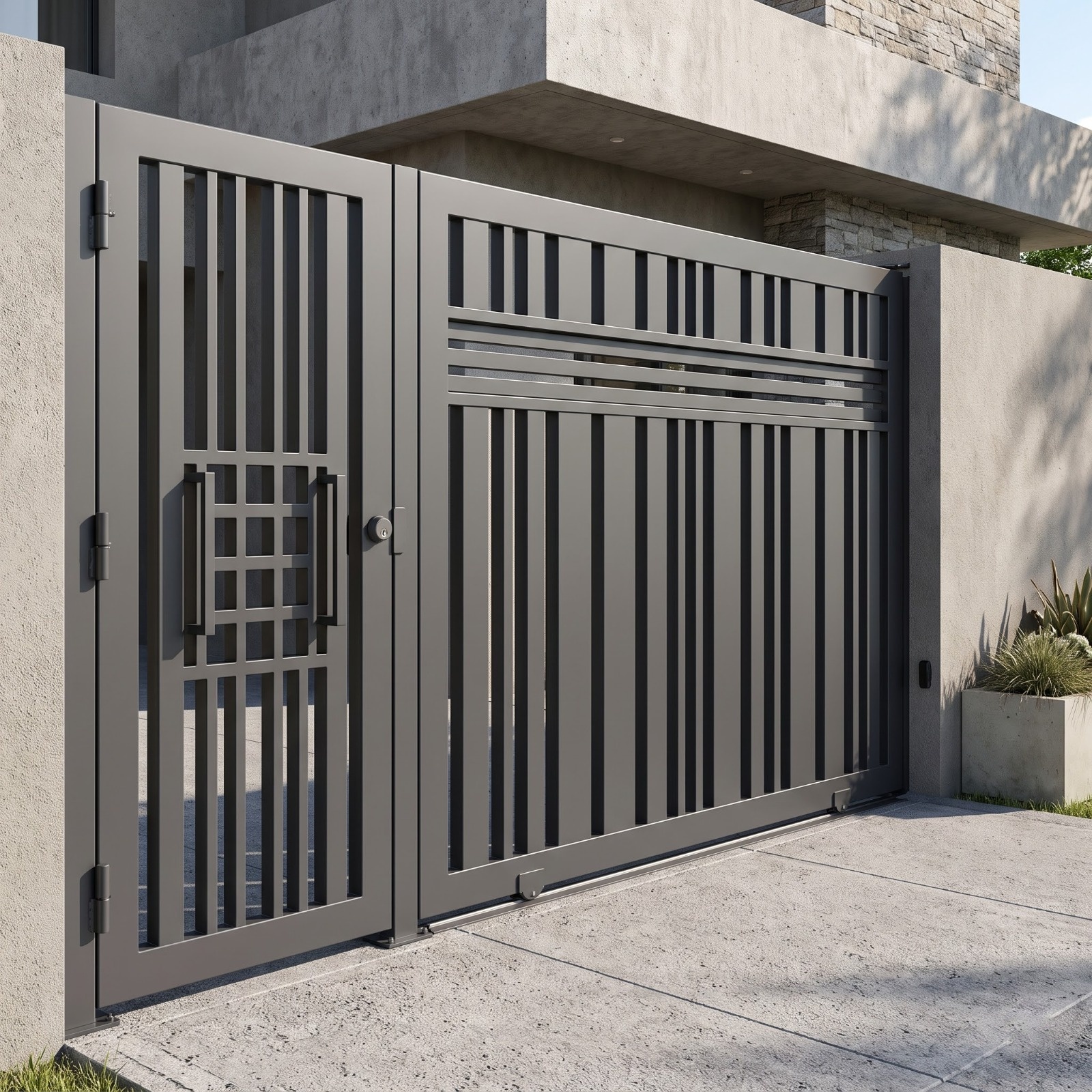 Modern Vertical-Slat Entrance Gate with Pedestrian Access