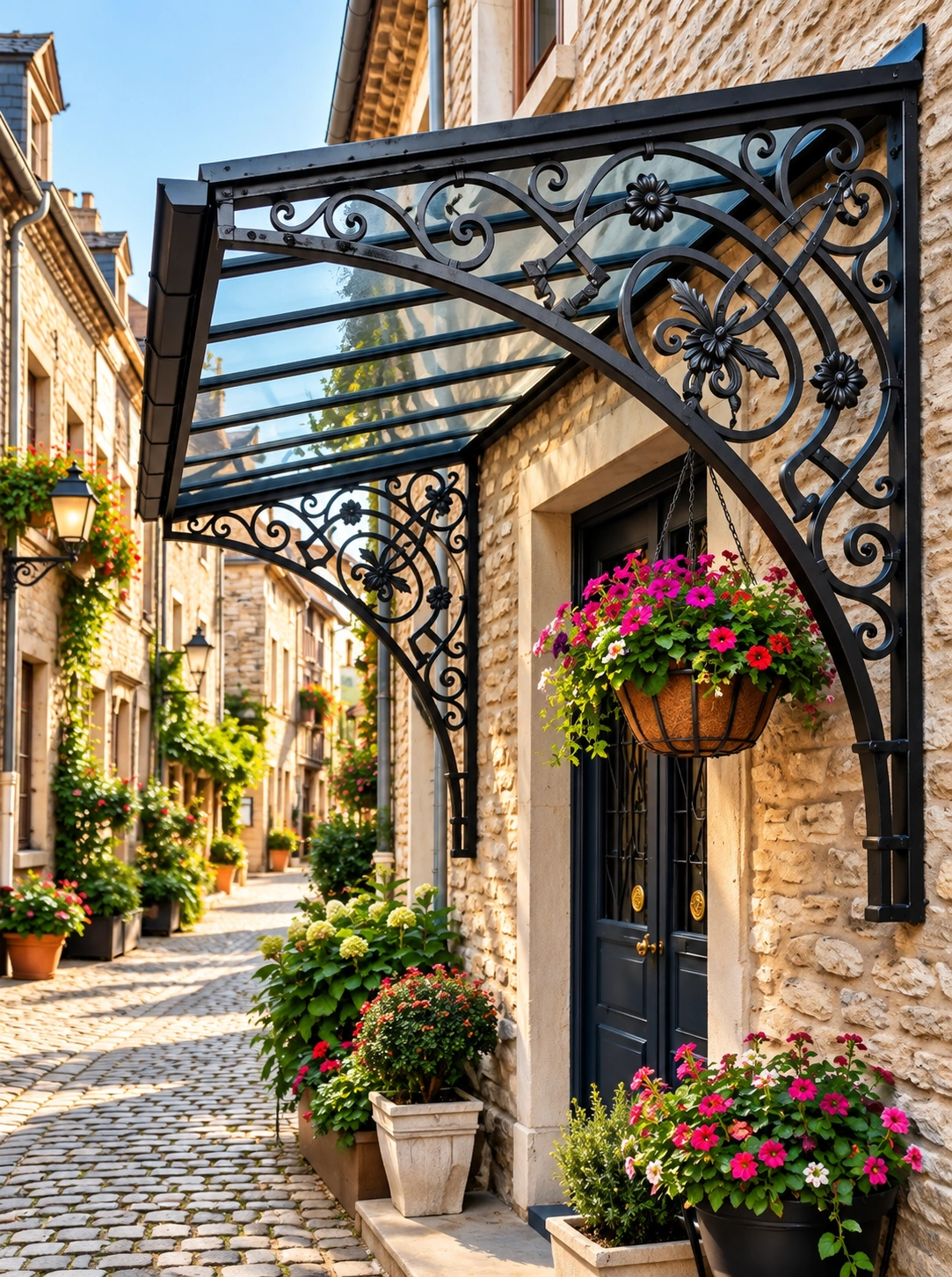 Ornamental Wrought Iron Entrance Canopy with Glass Roof