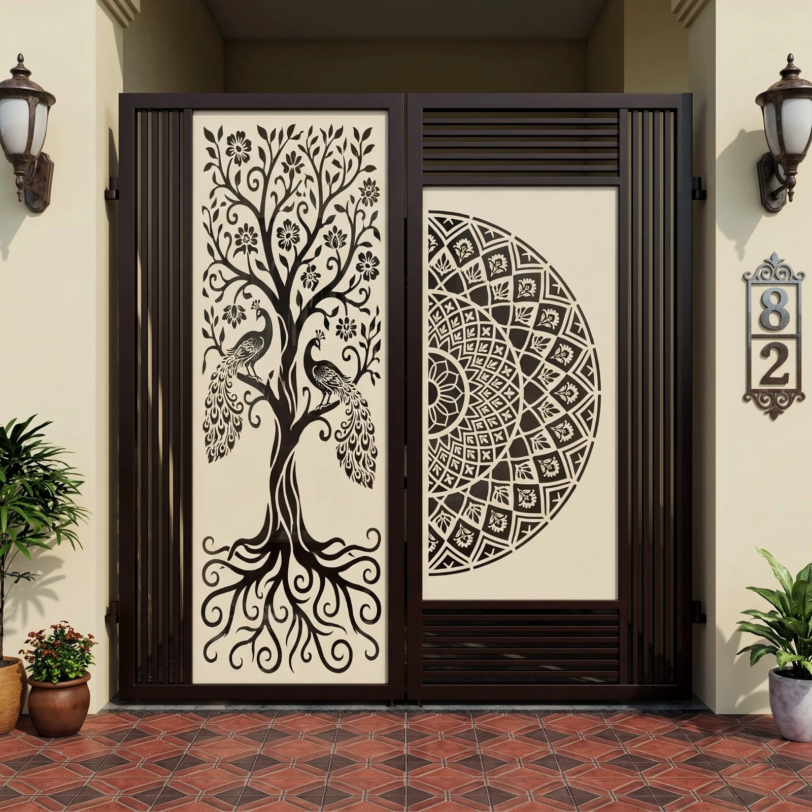 Peacock Tree and Half-Mandala Entrance Gate Design