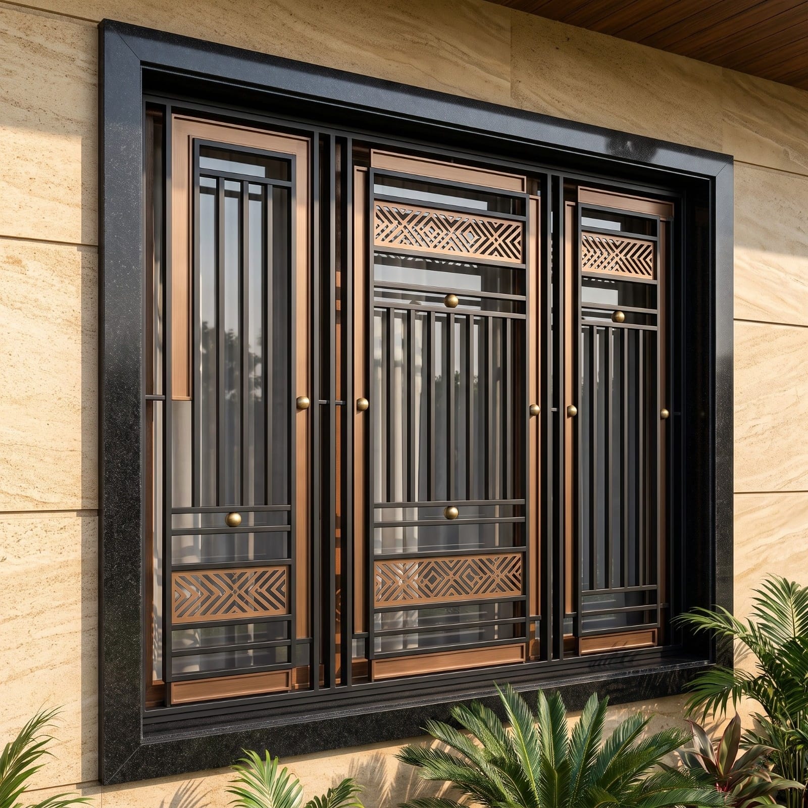 Premium Bronze Accent Window Grill with Geometric Panels