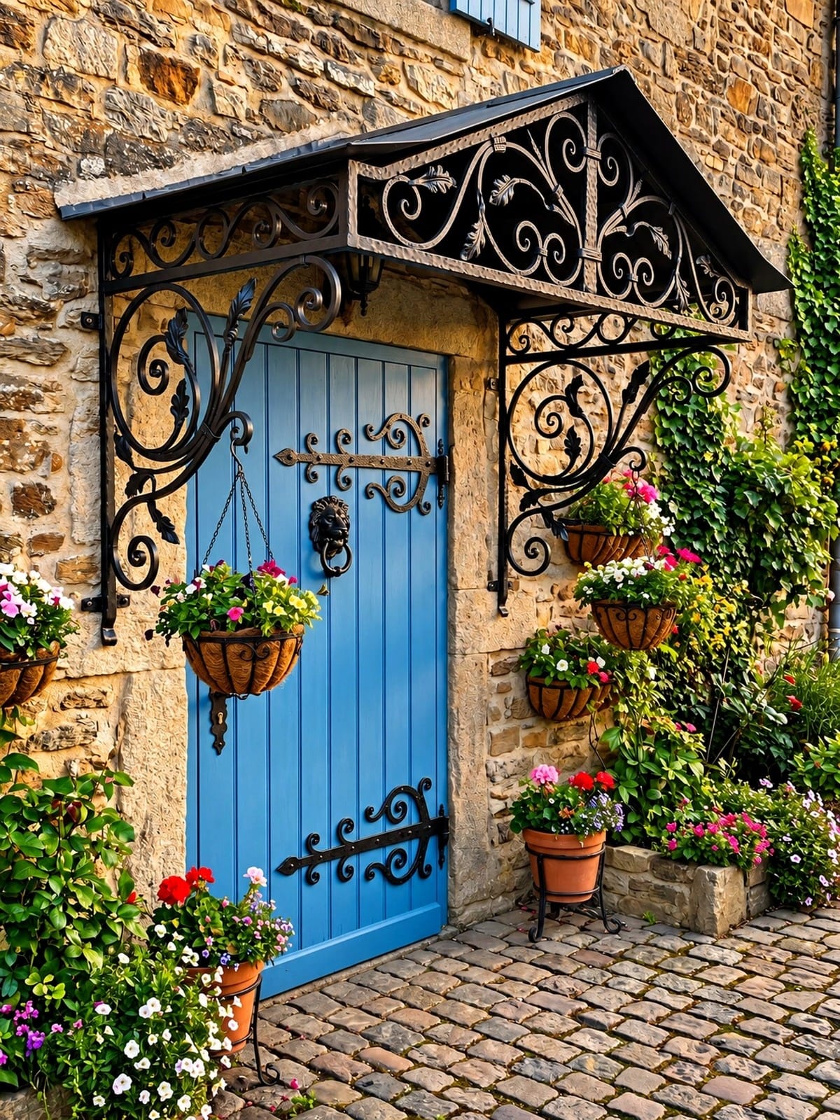 Rustic Blue Cottage Door with Ornamental Wrought Iron Canopy