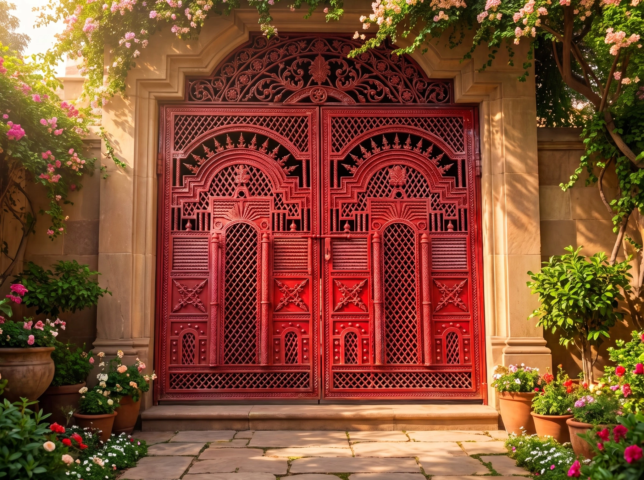 Traditional Ornamental Red Entrance Gate Design