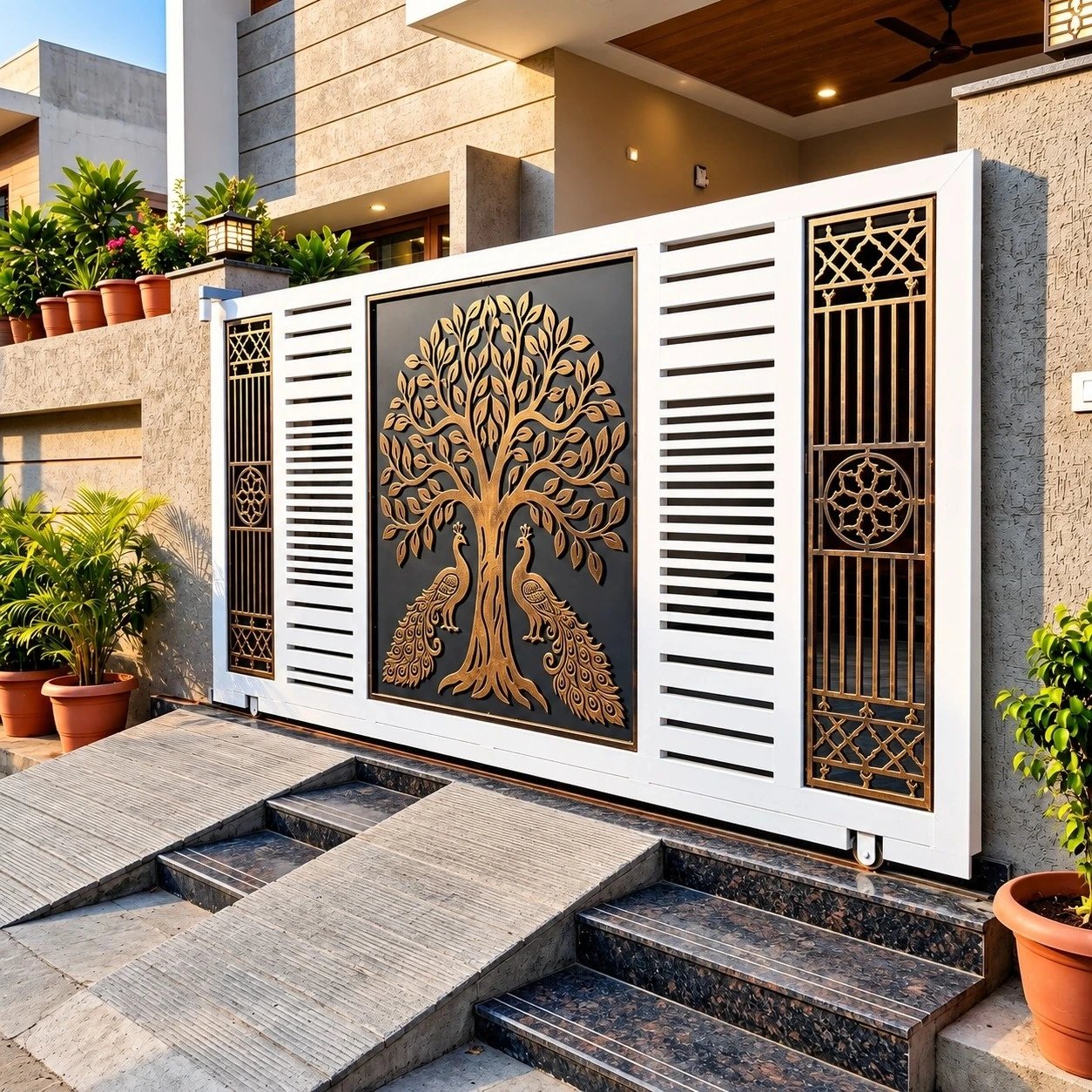 White and Gold Tree-of-Life Peacock Sliding Gate Design