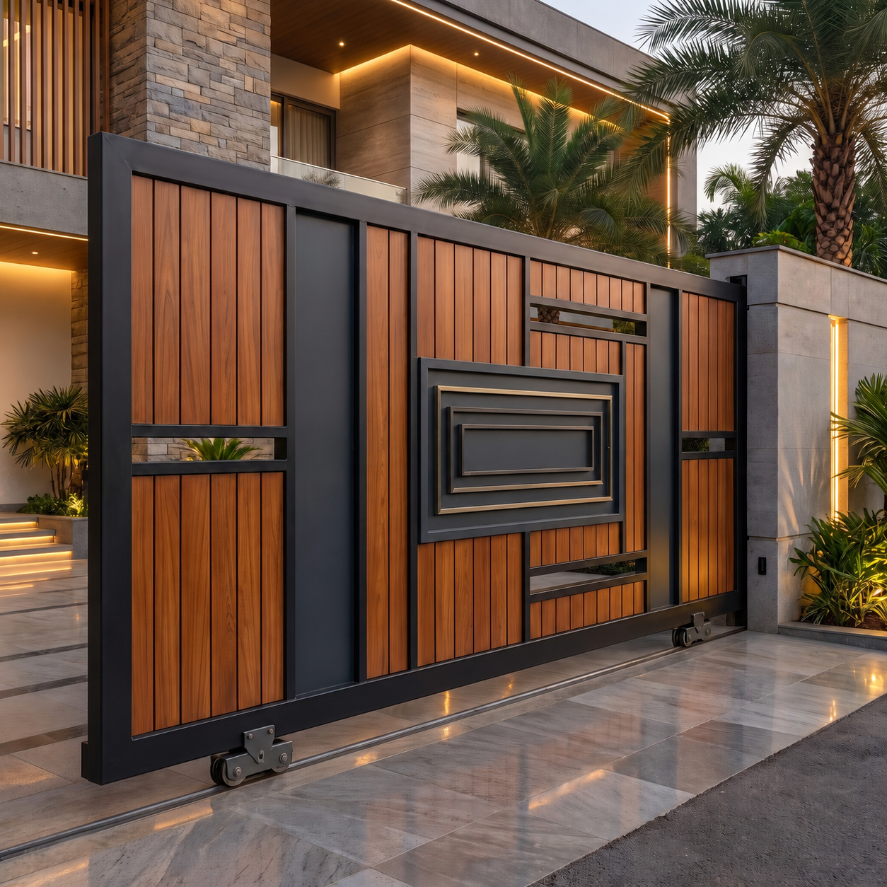 Wood-Look Sliding Gate with Layered Geometric Centrepiece