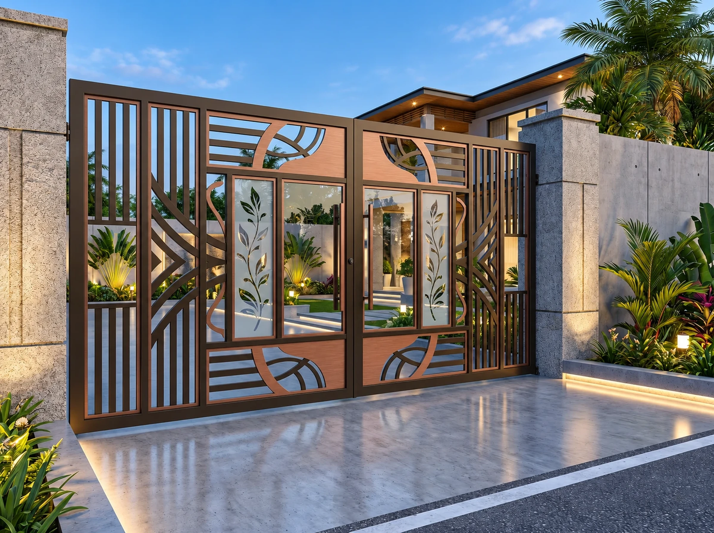 Geometric Gate with Decorative Glass Panels